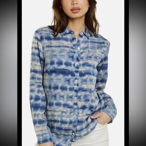 J MCLAUGHLIN Lois Shirt Blouse Button Tie Dye Blue Yellow Long Sleeve XS